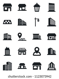 Set of vector isolated black icon - taxi vector, shop, office building, garden light, navigation, store, city house, cafe, storefront