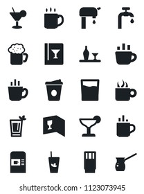 Set of vector isolated black icon - hot cup vector, coffee machine, water supply, alcohol, wine card, drink, cocktail, phyto bar, beer, turkish