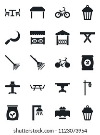 Set of vector isolated black icon - cafe vector, rake, sickle, garden light, picnic table, fertilizer, bike, restaurant, alcove, outdoor lamp