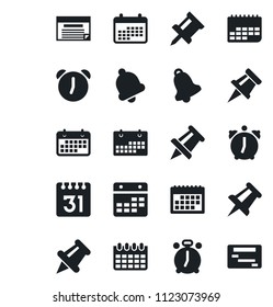 Set of vector isolated black icon - alarm clock vector, drawing pin, calendar, term, paper, bell, schedule