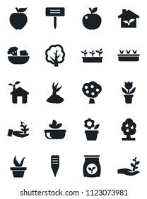 Set of vector isolated black icon - flower in pot vector, seedling, tree, sproute, plant label, fertilizer, fruit, salad, apple, eco house, palm