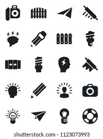 Set of vector isolated black icon - automatic door vector, brainstorm, bulb, camera, pencil, fence, rolling pin, energy saving, shining head, idea, paper plane, crisis management