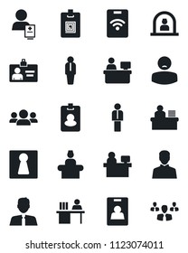 Set of vector isolated black icon - female vector, reception, manager, identity card, place, patient, user, desk, estate agent, pass, group