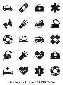 Set of vector isolated black icon - hose vector, heart pulse, doctor case, patch, ambulance star, car, hospital bed, loudspeaker, torch, crisis management
