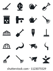 Set of vector isolated black icon - garden fork vector, shovel, rake, watering can, wheelbarrow, sickle, plant label, greenhouse, seeds, drip irrigation, fruit tree