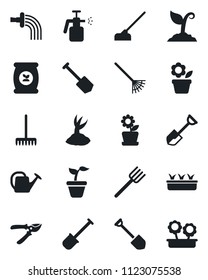 Set of vector isolated black icon - job vector, flower in pot, shovel, farm fork, rake, seedling, watering can, sproute, pruner, hoe, garden sprayer, fertilizer