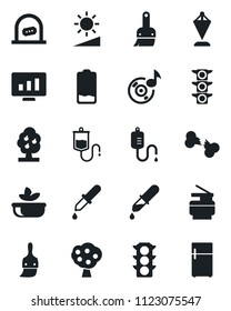 Set of vector isolated black icon - ticket office vector, pennant, statistic monitor, dropper, broken bone, traffic light, low battery, themes, brightness, music, copier, fruit tree, salad, fridge