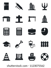 Set of vector isolated black icon - barrier vector, border cone, graduate, abacus, mouse, desk, printer, shovel, dropper, signpost, office building, calculator, candle, rolling pin, radiator, fridge