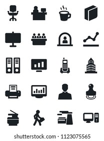 Set of vector isolated black icon - reception vector, office binder, meeting, manager place, factory, statistic monitor, phone, user, coffee, statistics, presentation board, building, chair, printer