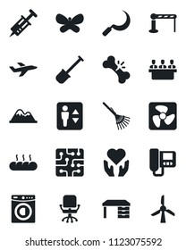 Set of vector isolated black icon - barrier vector, elevator, office chair, desk, shovel, rake, butterfly, sickle, syringe, heart hand, broken bone, plane, meeting, mountains, washer, bread, chip