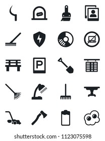 Set of vector isolated black icon - parking vector, no laptop, ticket office, flight table, job, circle chart, rake, lawn mower, sickle, axe, bench, battery, protect, themes, photo gallery, omelette