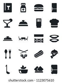 Set of vector isolated black icon - spoon and fork vector, pills bottle, fridge, cook hat, wine card, reception, drink, cocktail, salad, plates, bacon, waiter, cafe table, alcove, hamburger, ladle