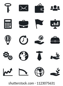 Set of vector isolated black icon - group vector, gear, palm sproute, wallet, clock, earth, growth graph, crisis, investment, flag, case, calculator, mail, presentation, tie, air balloon