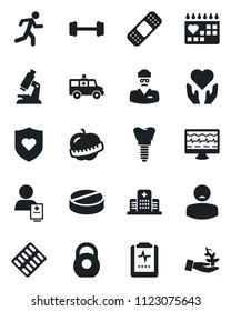 Set of vector isolated black icon - monitor pulse vector, microscope, pills, blister, patch, ambulance car, barbell, run, heart shield, hand, implant, medical calendar, clipboard, diet, hospital