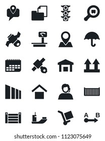 Set of vector isolated black icon - pin vector, satellite, traffic light, support, mobile tracking, sea shipping, cargo container, term, folder document, umbrella, warehouse storage, up side sign