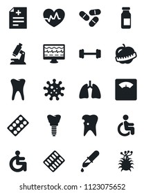 Set of vector isolated black icon - heart pulse vector, monitor, diagnosis, dropper, microscope, scales, pills, blister, ampoule, barbell, disabled, lungs, tooth, caries, implant, diet, virus