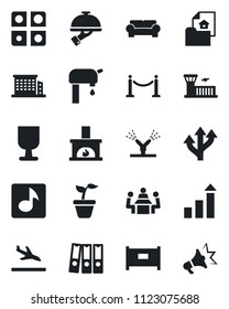 Set of vector isolated black icon - fence vector, arrival, airport building, growth statistic, seedling, route, fragile, music, application, paper binder, meeting, water supply, estate document