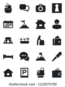 Set of vector isolated black icon - parking vector, female, baby room, bed, pen, seedling, patient, term, camera, dialog, copier, house, cafe building, motivation, wallet