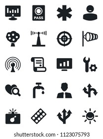 Set of vector isolated black icon - bomb in case vector, passport, wind, statistic monitor, contract, heart diagnostic, pills blister, ambulance star, patient, route, antenna, root setup, target