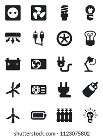 Set of vector isolated black icon - bulb vector, rca, battery, desk lamp, air conditioner, socket, power plug, fan, radiator, energy saving, windmill, idea