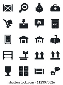 Set of vector isolated black icon - checkroom vector, doctor case, container, fragile, cargo, up side sign, warehouse, package, heavy scales, search, rack, archive box, mailbox, home message