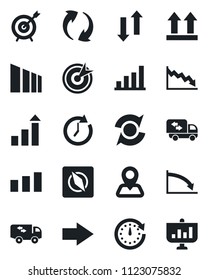 Set of vector isolated black icon - right arrow vector, growth statistic, navigation, up side sign, sorting, update, data exchange, compass, bar graph, moving, target, clock, crisis, presentation