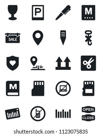 Set of vector isolated black icon - parking vector, no mobile, laptop, pen, plant label, heart shield, navigation, pin, fragile, up side sign, hook, barcode, sd, cut, sale, menu, open close