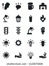 Set of vector isolated black icon - sun vector, brainstorm, fire, garden light, traffic, desk lamp, fireplace, beer, candle, smoke detector, bulb, energy saving, alarm led, palm sproute, idea