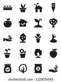 Set of vector isolated black icon - flower in pot vector, seedling, tree, sproute, plant label, fertilizer, fruit, apple, eco house, palm