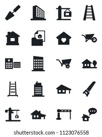 Set of vector isolated black icon - barrier vector, office building, trowel, ladder, wheelbarrow, saw, house, hospital, with garage, tree, estate document, sweet home, city, crane, message