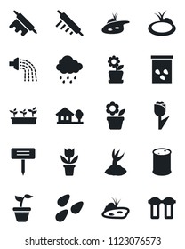 Set of vector isolated black icon - flower in pot vector, seedling, watering, sproute, rain, plant label, seeds, pond, tulip, oil barrel, house with tree, rolling pin, water filter