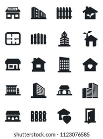 Set of vector isolated black icon - office building vector, fence, house, store, plan, sweet home, city, cafe, eco, door