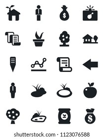 Set of vector isolated black icon - bomb in case vector, left arrow, manager, contract, seedling, plant label, pond, fertilizer, point graph, house with tree, fruit, apple, eco, money bag