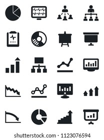 Set of vector isolated black icon - growth statistic vector, hierarchy, presentation board, monitor, circle chart, pulse, clipboard, statistics, pie graph, point, arrow up, crisis
