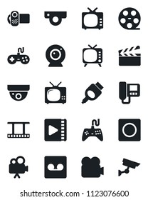 Set of vector isolated black icon - clapboard vector, film frame, reel, tv, gamepad, video camera, hdmi, record, web, intercome, surveillance