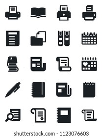 Set of vector isolated black icon - book vector, document search, pen, notepad, calendar, printer, contract, medical, folder, news, copybook