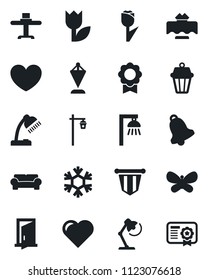 Set of vector isolated black icon - pennant vector, butterfly, garden light, heart, tulip, bell, sertificate, desk lamp, cushioned furniture, restaurant table, snowflake, outdoor, door, certificate