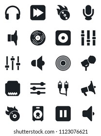 Set of vector isolated black icon - vinyl vector, flame disk, microphone, speaker, loudspeaker, settings, headphones, pause button, fast forward, rec, rca, hdmi, tuning, sound