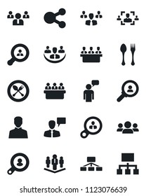 Set of vector isolated black icon - spoon and fork vector, speaking man, team, meeting, user, company, hr, client search, consumer, group, social media, hierarchy
