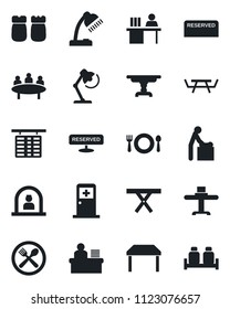 Set of vector isolated black icon - baby room vector, reception, flight table, medical, meeting, picnic, manager desk, lamp, restaurant, cafe, reserved, salt and pepper