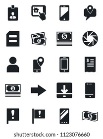 Set of vector isolated black icon - right arrow vector, mobile phone, identity card, document, important flag, cash, tracking, cell, camera, user, download, restaurant receipt, home control app