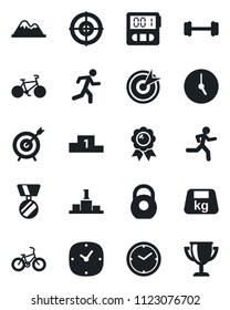 Set of vector isolated black icon - medal vector, barbell, bike, run, heavy, clock, stopwatch, target, mountains, pedestal, award cup