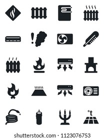 Set of vector isolated black icon - fire vector, hose, fireplace, thermometer, heater, air conditioner, candle, water, smoke detector, radiator, warm floor
