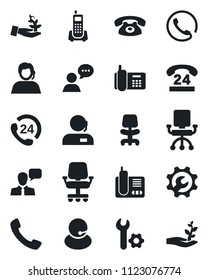 Set of vector isolated black icon - office chair vector, phone, 24 hours, support, speaker, radio, call, root setup, palm sproute