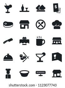Set of vector isolated black icon - coffee vector, cook, dish, alcohol, restaurant table, cafe, hat, wine card, reserved, cocktail, building, receipt, steak, bowl, knife, sushi, serviette