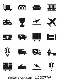 Set of vector isolated black icon - taxi vector, departure, arrival, baggage trolley, waiting area, ambulance car, railroad, plane, delivery, sea port, container, consolidated cargo, fragile, moving