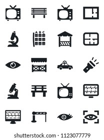 Set of vector isolated black icon - barrier vector, tv, alarm car, seat map, bench, monitor pulse, microscope, eye, torch, plan, alcove, scan