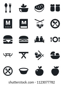 Set of vector isolated black icon - spoon and fork vector, picnic table, cafe, menu, salad, salt pepper, steak, hamburger, bowl, sushi, apple fruit