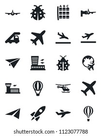 Set of vector isolated black icon - plane vector, departure, arrival, ladder car, boarding, helicopter, seat map, globe, airport building, lady bug, rocket, paper, air balloon