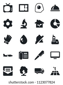 Set of vector isolated black icon - plane vector, pen, circle chart, tree, glove, water drop, microscope, car delivery, tv, monitor, radio phone, settings, mail, mute, office, plan, dish, omelette